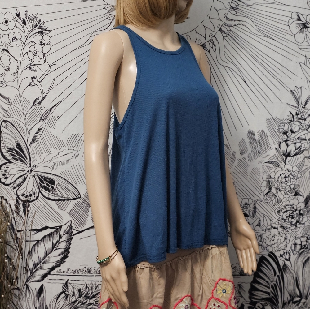 Free People Teal Ribbed Racerback Tank Top Size Large